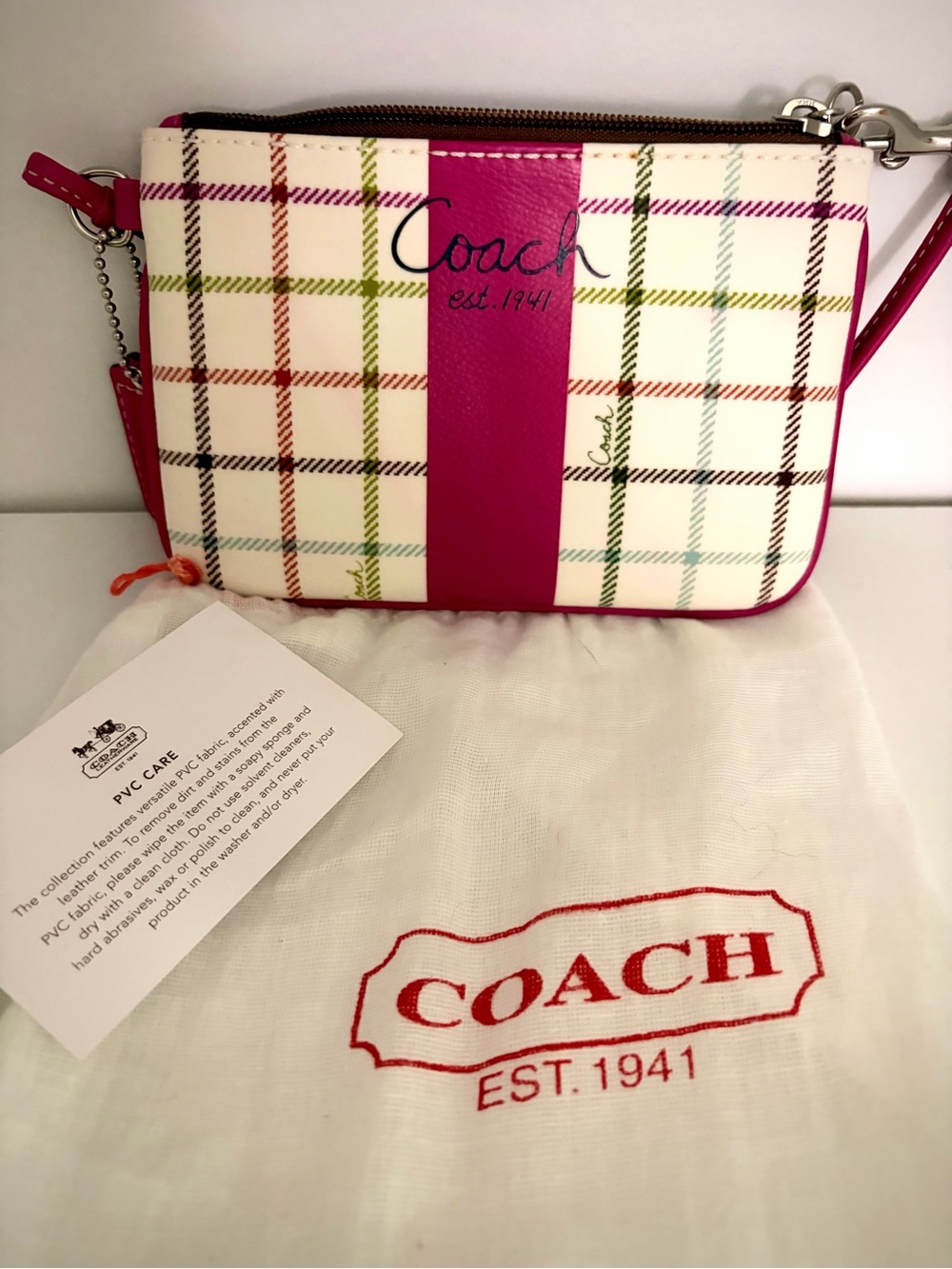 Coach Pink Plaid Wristlet With Dust Bag - Picture 7 of 7